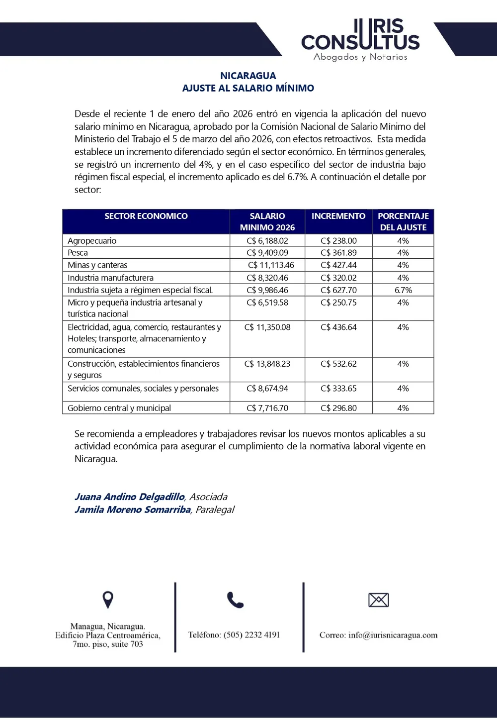 Boletín de Iuris Consultus sobre el ajuste al salario mínimo 2026 en Nicaragua