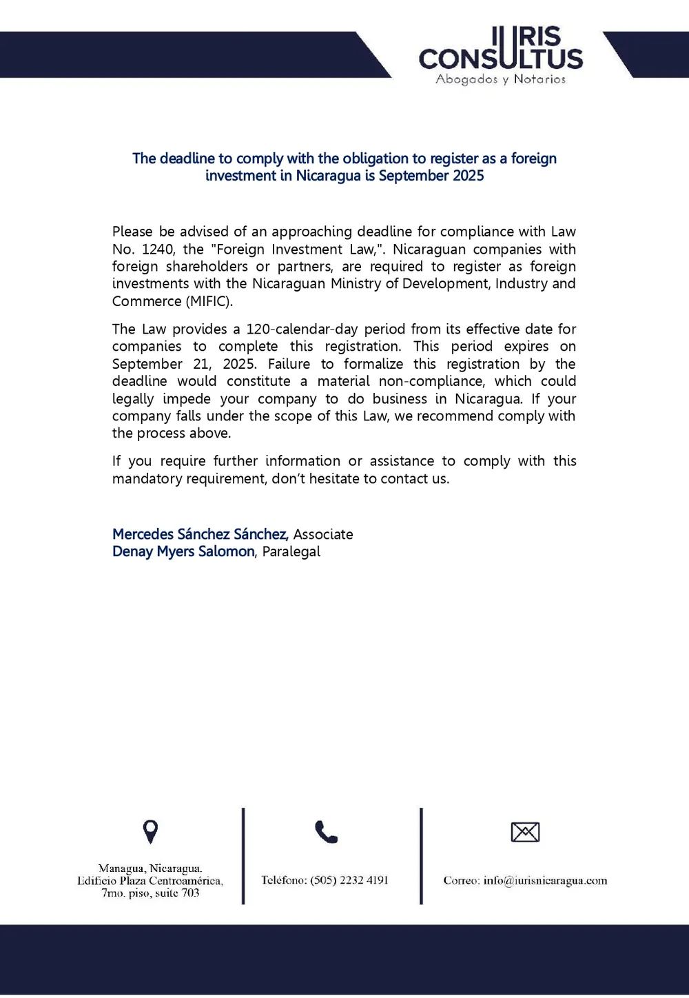 Iuris Consultus bulletin on foreign investment registration before MIFIC